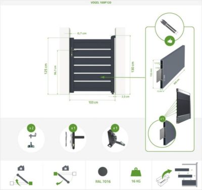 Portillon 1m VOGEL H.120cm + 2 Poteaux H.166cm aluminium gris