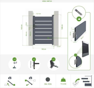 Portillon 1m VOGEL H.140cm aluminium gris