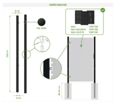 Portillon acier 1m NALI ARLBERG H.180cm Noir mat + 2 poteaux acier DARIO