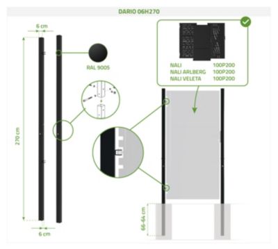 Portillon acier 1m NALI VELETA H.200cm Noir mat + 2 poteaux acier DARIO