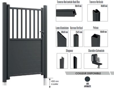 Portillon aluminium semi barreaudé Haut 160 x Larg 100 cm - Gris 7016 - Vendu avec 2 poteaux