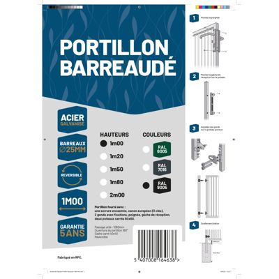 Portillon barreaudé acier galvanisé passage 1m H 1m00 Noir