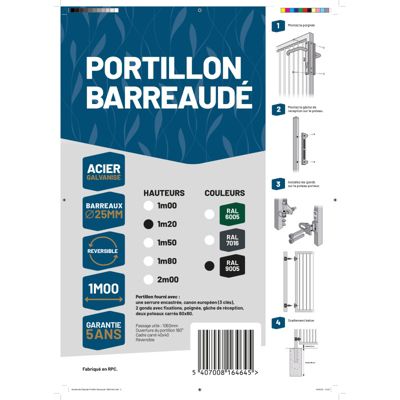 Portillon barreaudé acier galvanisé passage 1m H 1m20 Noir