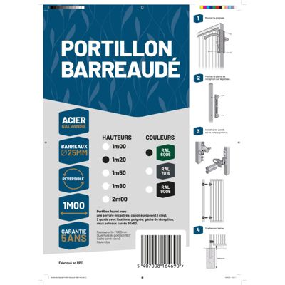 Portillon barreaudé acier galvanisé passage 1m H 1m20 Vert