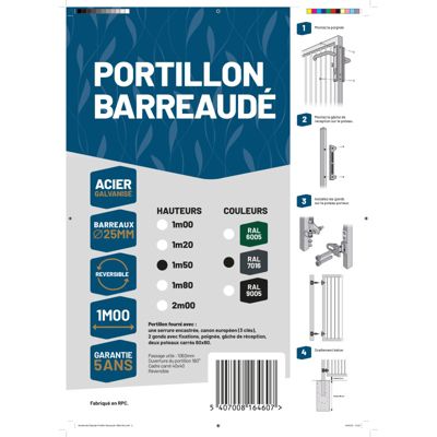 Portillon barreaudé acier galvanisé passage 1m H 1m50 Gris anthracite