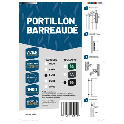 Portillon barreaudé acier galvanisé passage 1m H 1m50 Noir