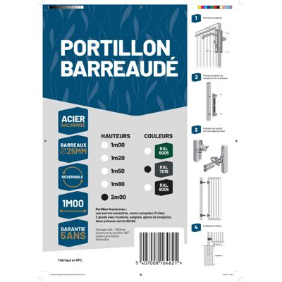 Portillon barreaudé acier galvanisé passage 1m H 2m00 Gris anthracite