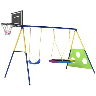 Portique 4-en-1 288x160x220 cm, charge 150 kg : balançoire nid, basket, foot, balançoire U