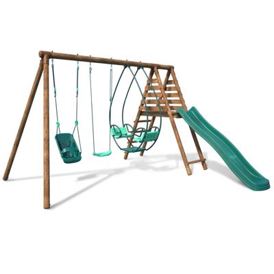Portique en bois rond 3 agrès avec balançoire bébé et toboggan COLZA