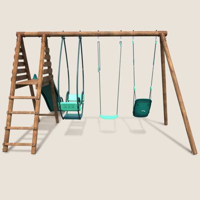 Portique en bois rond 3 agrès avec balançoire bébé et toboggan COLZA