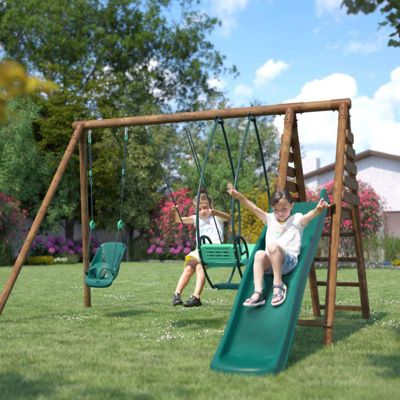 Portique en bois rond 3 agrès avec balançoire bébé et toboggan COLZA