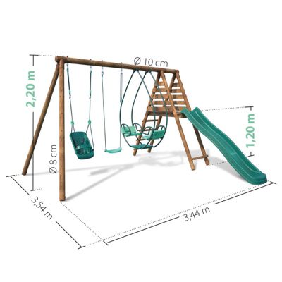 Portique en bois rond 3 agrès avec balançoire bébé et toboggan COLZA