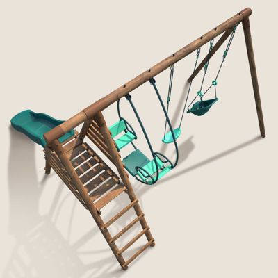 Portique en bois rond 3 agrès avec balançoire bébé et toboggan COLZA