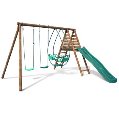 Portique en bois rond 3 agrès avec face à face et toboggan NARCISSE