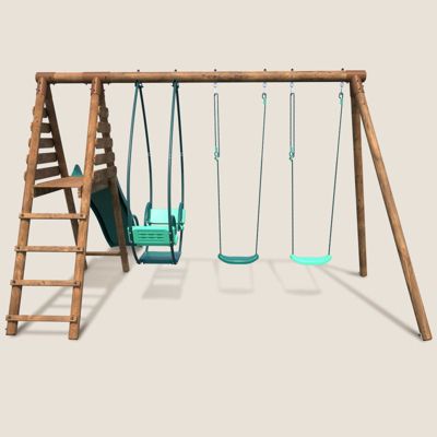 Portique en bois rond 3 agrès avec face à face et toboggan NARCISSE