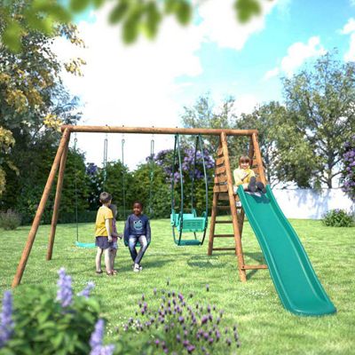 Portique en bois rond 3 agrès avec face à face et toboggan NARCISSE