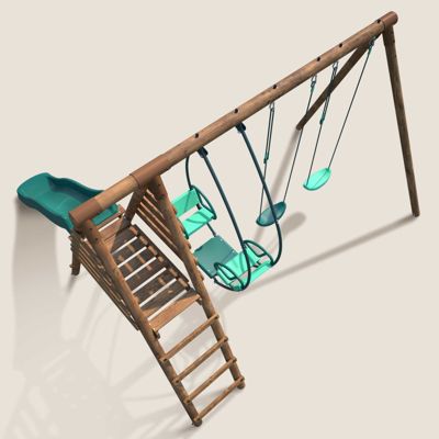 Portique en bois rond 3 agrès avec face à face et toboggan NARCISSE