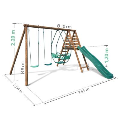 Portique en bois rond 3 agrès avec face à face et toboggan NARCISSE
