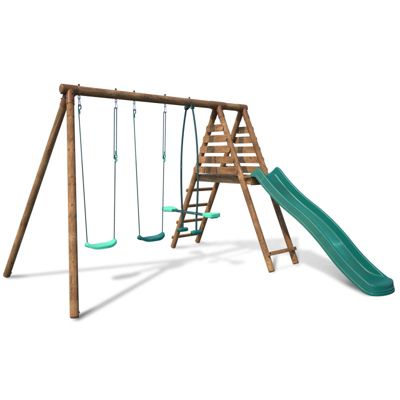 Portique en bois rond 3 agrès avec face à face et toboggan VIOLETTE