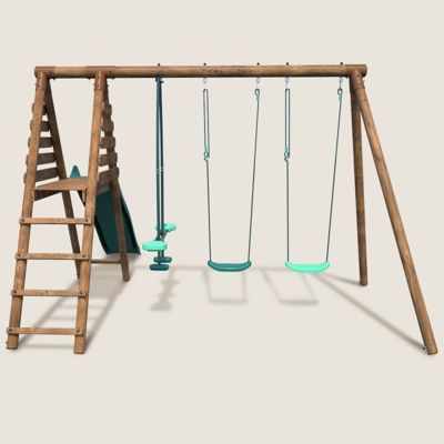 Portique en bois rond 3 agrès avec face à face et toboggan VIOLETTE