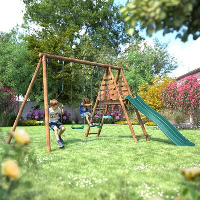 Portique en bois rond 3 agrès avec face à face et toboggan VIOLETTE