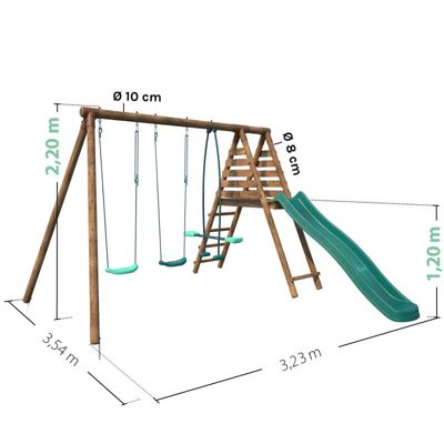 Portique en bois rond 3 agrès avec face à face et toboggan VIOLETTE