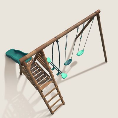 Portique en bois rond 3 agrès avec face à face et toboggan VIOLETTE