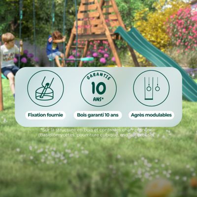 Portique en bois rond 3 agrès avec face à face et toboggan VIOLETTE