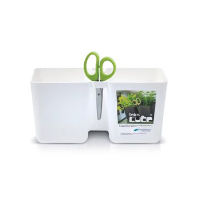 Pot double Twins Cube Blanc pour la culture des aromates avec ciseaux triple lames