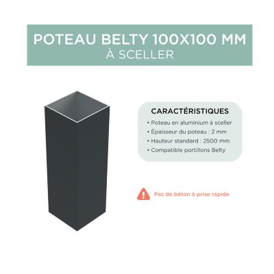 Poteau Belty 10 x 10 cm en aluminium à sceller - Hauteur 250 cm - Gris