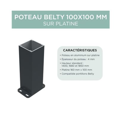 Poteau Belty 10 x 10 cm en aluminium sur platine - Hauteur 140 cm - Gris