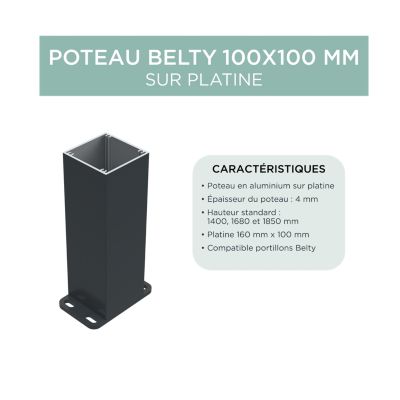 Poteau Belty 10 x 10 cm en aluminium sur platine - Hauteur 168 cm - Blanc