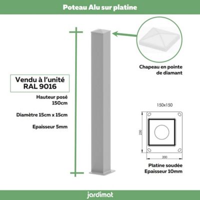 Poteau Jardimat alu laqué sur platine blanc 15 x 15, ep 4cm x 150 cm