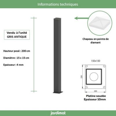 Poteau Jardimat aluminium gris antique - 15 x 15 x 200 cm