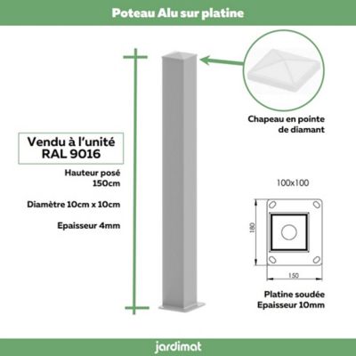 Poteau Jardimat aluminium laqué sur platine blanc 10 x 10, ep 4cm x h. 150 cm