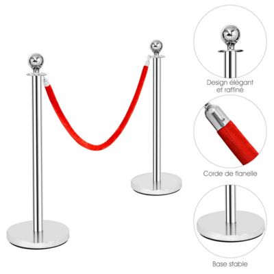 Poteaux de Guidage en Acier Inoxydable barriere de Passage avec Corde rouge 32cm pour Le Controle des Foules Argent