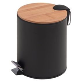 Poubelle de toilette ronde à pédale de 3 litres à fermeture souple en métal et bambou hortensia noir/bambou