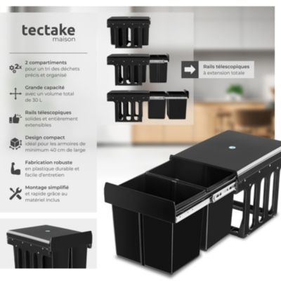 Poubelle de tri avec 2 compartiments 2 x 15 l en plastique noir 35x48x35 cm coulissante sous évier