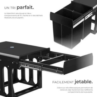 Poubelle de tri avec 2 compartiments 2 x 15 l en plastique noir 35x48x35 cm coulissante sous évier