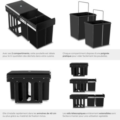 Poubelle de tri avec 2 compartiments 2 x 15 l en plastique noir 35x48x35 cm coulissante sous évier