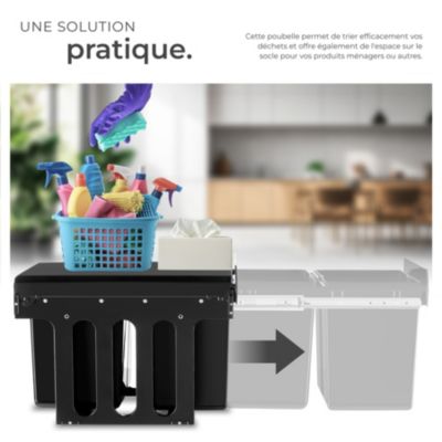 Poubelle de tri avec 2 compartiments 2 x 15 l en plastique noir 35x48x35 cm coulissante sous évier
