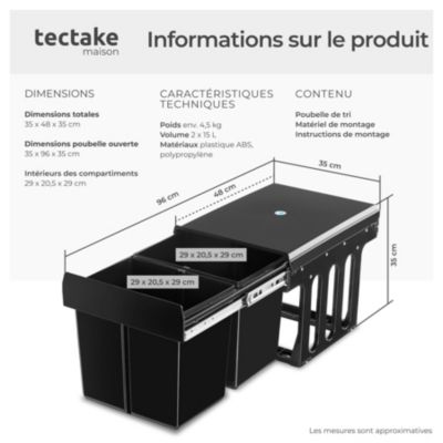 Poubelle de tri avec 2 compartiments 2 x 15 l en plastique noir 35x48x35 cm coulissante sous évier