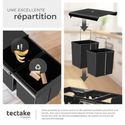 Poubelle de tri avec 2 compartiments 2 x 15 l en plastique noir 35x48x35 cm coulissante sous évier