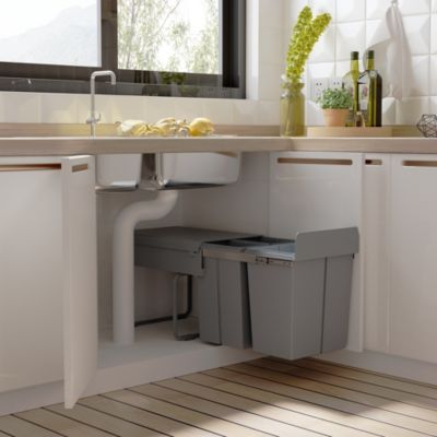 Poubelle de tri coulissante - 3 bacs amovibles avec poignée - 2 x 10L et 1 x 20L - métal PP gris