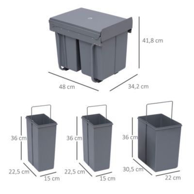 Poubelle de tri coulissante - 3 bacs amovibles avec poignée - 2 x 10L et 1 x 20L - métal PP gris