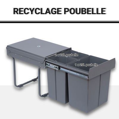Poubelle de tri coulissante - 3 bacs amovibles avec poignée - 2 x 10L et 1 x 20L - métal PP gris
