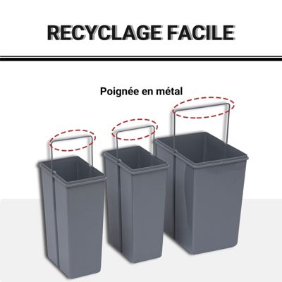 Poubelle de tri coulissante - 3 bacs amovibles avec poignée - 2 x 10L et 1 x 20L - métal PP gris
