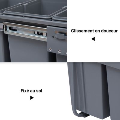 Poubelle de tri coulissante - 3 bacs amovibles avec poignée - 2 x 10L et 1 x 20L - métal PP gris