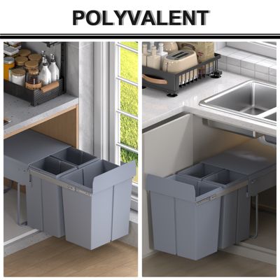Poubelle de tri coulissante - 3 bacs amovibles avec poignée - 2 x 10L et 1 x 20L - métal PP gris