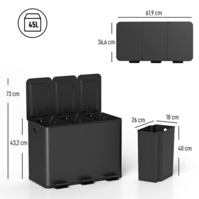 Poubelle manuelle tri selectif 3 bacs capacité totale 45L acier inox. brossé